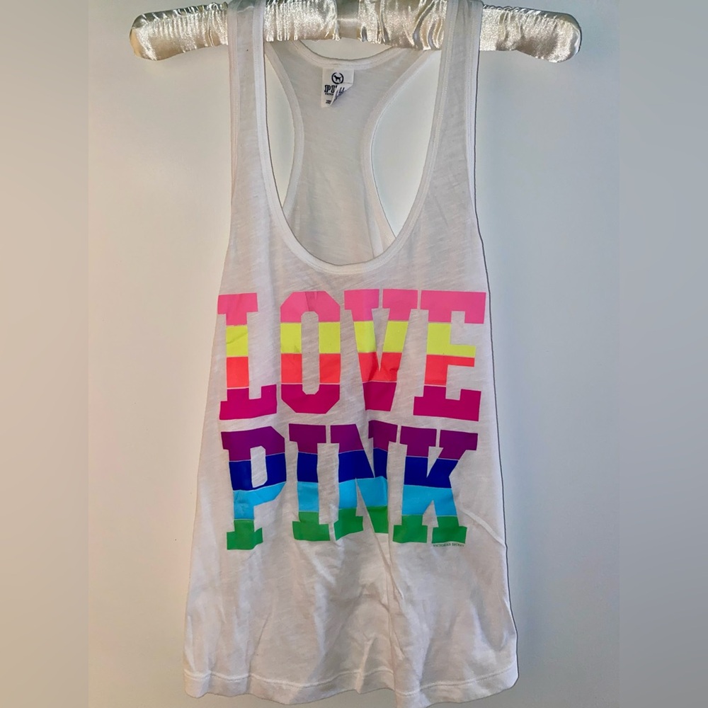 Victoria's Secret PINK White Tank with Navy Logo and Pink Size Print